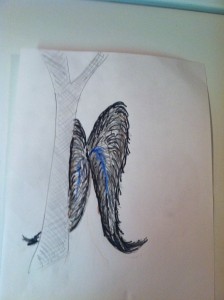 sketch of large wings moving behind the treeUsed with permission of the witness