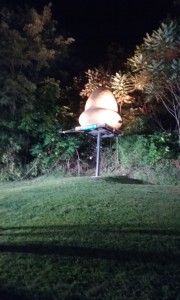 night view of the mockup of the Kecksburg UFO at the Kecksburg V.F.D. grounds.